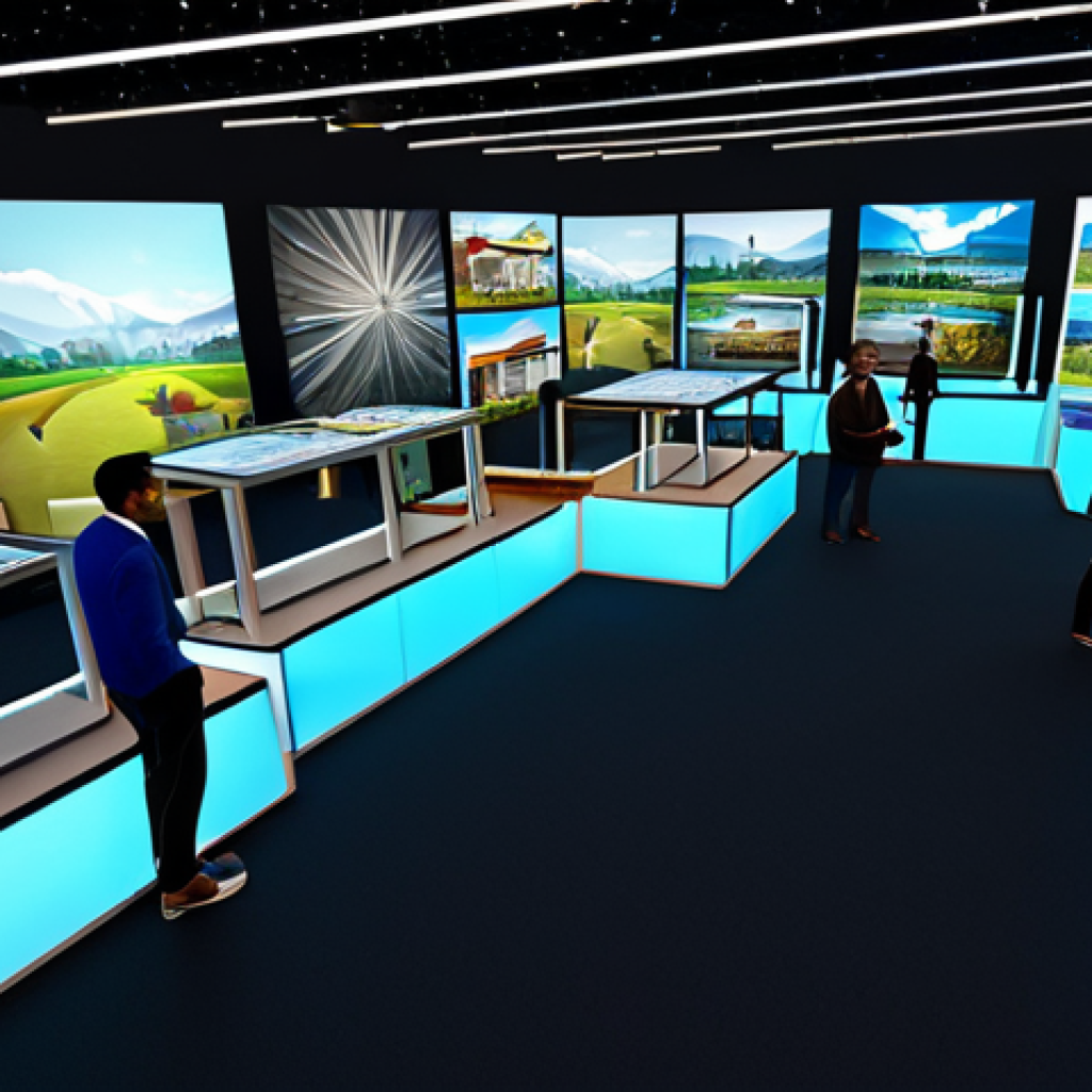 **

A bustling virtual real estate expo in Decentraland. Fully clothed avatars are interacting with booths showcasing land plots and virtual property designs.  The scene is vibrant with digital displays and promotional materials. Safe for work, appropriate content, professional and family-friendly depiction of metaverse investment. Perfect anatomy, correct proportions, natural pose.

**