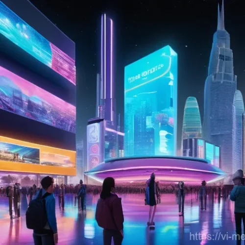 가상 부동산의 가치 평가 기준 - **Prompt:** A bustling and futuristic cityscape within a vibrant metaverse. In the foreground, avata...