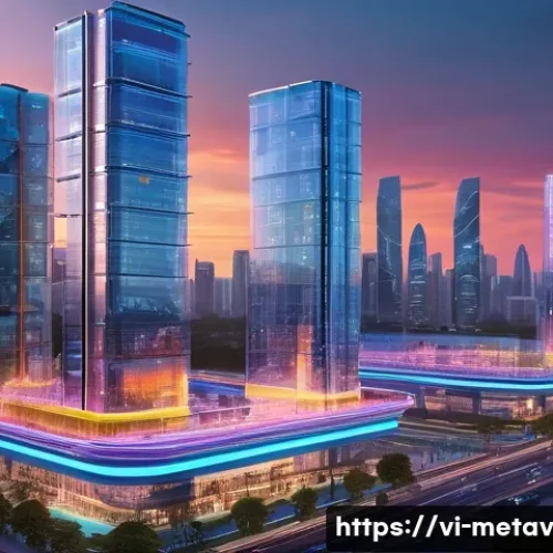 가상 부동산과 디지털 자산의 관계 - **Prompt:** A bustling, futuristic metaverse cityscape at sunset, blending modern architectural marv...