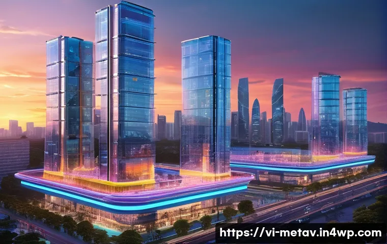 가상 부동산과 디지털 자산의 관계 - **Prompt:** A bustling, futuristic metaverse cityscape at sunset, blending modern architectural marv...