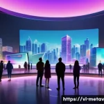 가상 부동산 투자 시 고려해야 할 요소 - A futuristic digital cityscape inside a metaverse platform showing vibrant virtual real estate plots...