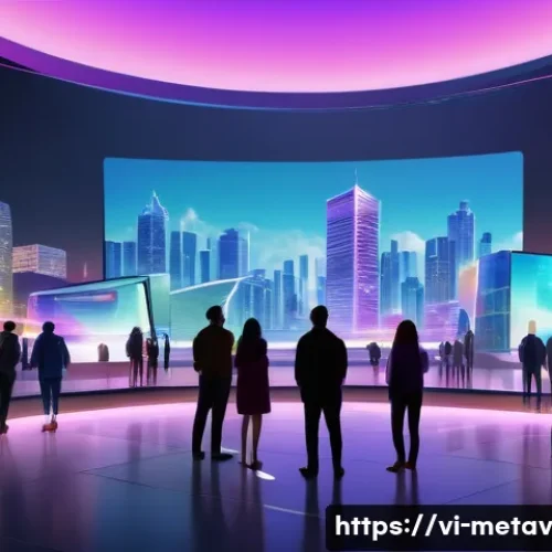 가상 부동산 투자 시 고려해야 할 요소 - A futuristic digital cityscape inside a metaverse platform showing vibrant virtual real estate plots...