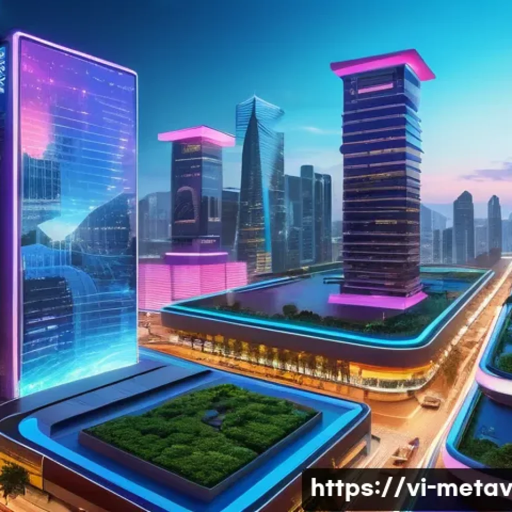 가상 부동산 시장의 투자 환경 변화 - A futuristic virtual real estate marketplace in the Vietnamese metaverse, showcasing digital land pl...