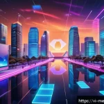 가상 부동산의 국제적 투자 동향 - A futuristic digital cityscape representing Vietnam’s virtual real estate market, with vibrant neon-...