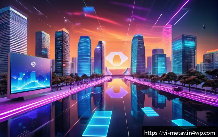 가상 부동산의 국제적 투자 동향 - A futuristic digital cityscape representing Vietnam’s virtual real estate market, with vibrant neon-...