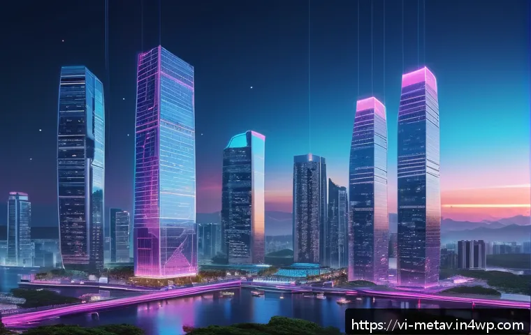 가상 부동산의 가격 변동성 요인 - A futuristic Vietnamese virtual cityscape within a metaverse platform, showcasing vibrant digital re...