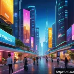 메타버스 부동산과 소셜 미디어 마케팅 - A futuristic digital cityscape showcasing a vibrant metaverse real estate market, with diverse virtu...