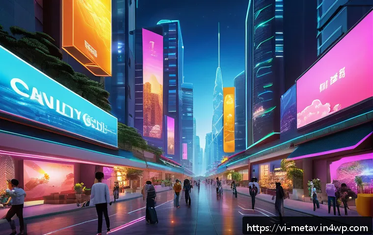 메타버스 부동산과 소셜 미디어 마케팅 - A futuristic digital cityscape showcasing a vibrant metaverse real estate market, with diverse virtu...