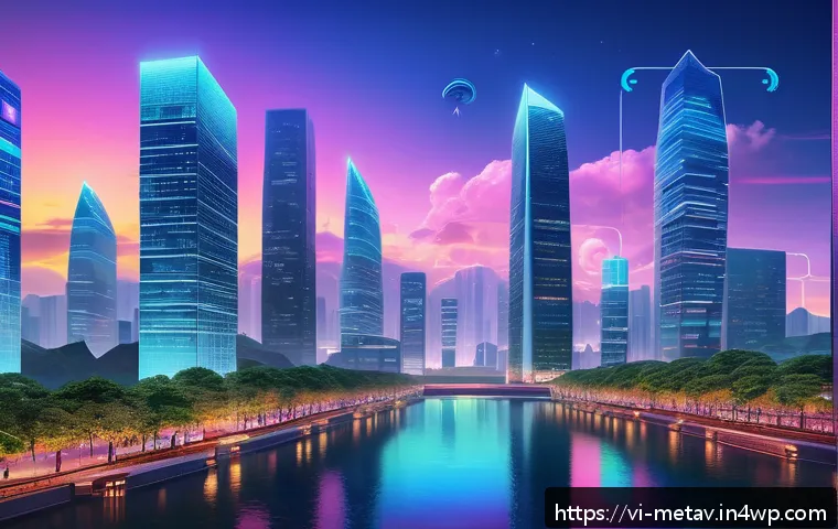 가상 부동산 투자 시 리스크 관리 방안 - A futuristic digital cityscape representing virtual real estate investment in the metaverse, with gl...