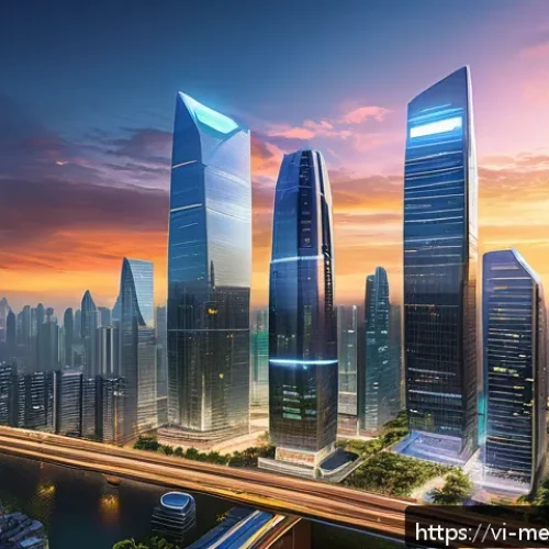 블록체인 기반 가상 부동산의 장점 - A futuristic digital cityscape showcasing virtual real estate in a bustling metaverse environment, f...