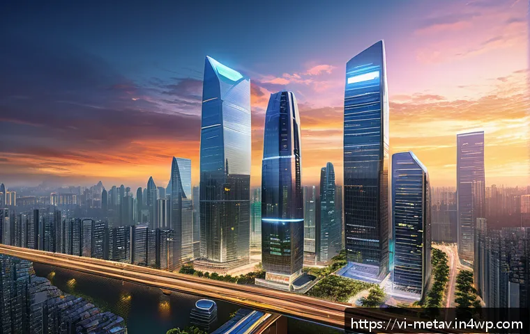블록체인 기반 가상 부동산의 장점 - A futuristic digital cityscape showcasing virtual real estate in a bustling metaverse environment, f...